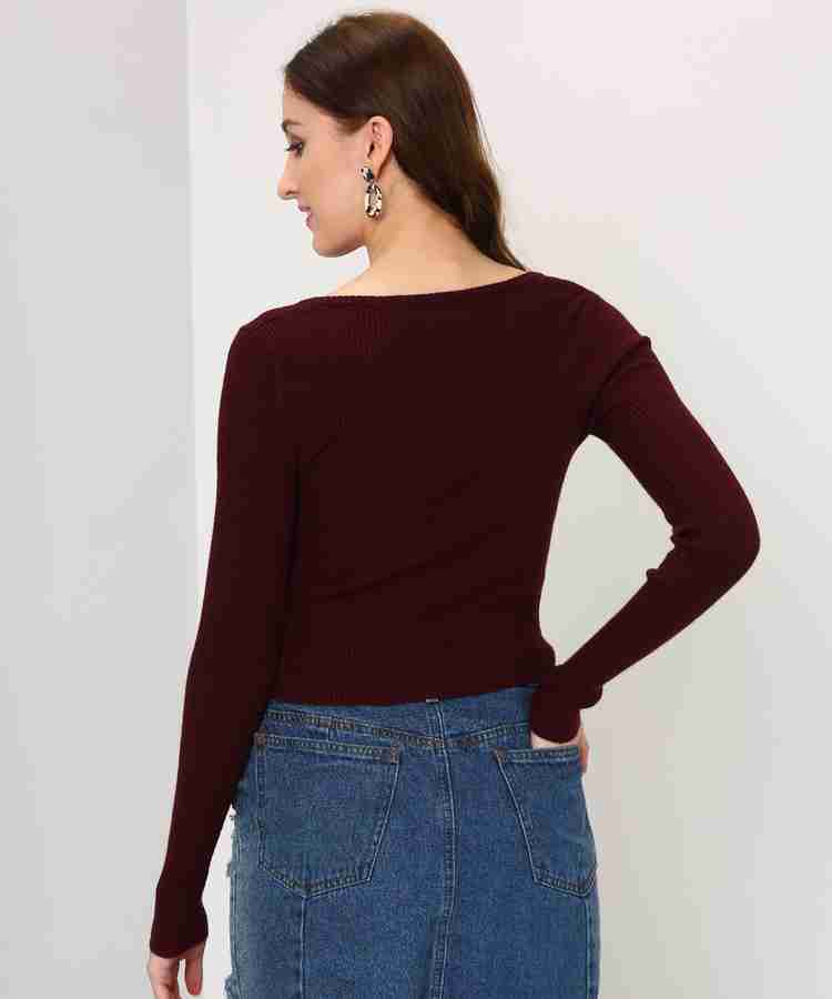 FOREVER 21 Self Design Scoop Neck Casual Women Maroon Sweater