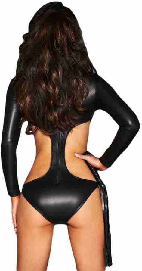 Cloe Valentine Black Cutout Long Sleeve Leather Bodysuit Solid