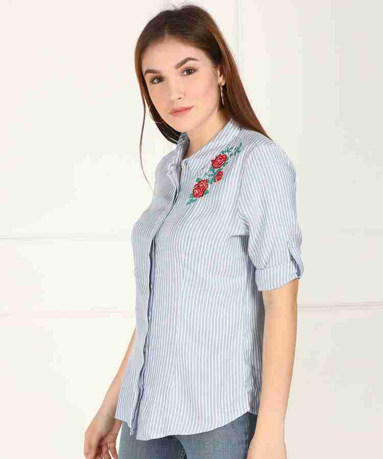 Kraus Jeans Women Striped Embroidered Casual White Blue Shirt Buy Kraus Jeans Women Striped Embroidered Casual White Blue Shirt Online at Best Prices in India Flipkart