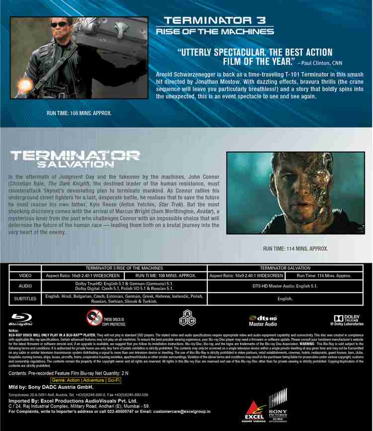 Terminator Double Feature Terminator 3 Rise of the Machines Terminator Salvation 2 Disc Price in India Buy Terminator Double Feature Terminator 3 Rise of the Machines Terminator Salvation 2 Disc onlin...