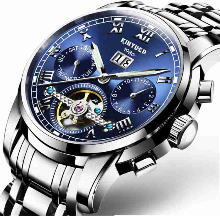 KINYUED Aquaasian KINYUED JYD101903 Men Business Luxury Automatic Mechanical Chronograph 3ATM Water resistant Genuine Silver Blue Stainless Steel Strap Quartz Wristwatch For Men Analog Watch For Men B...