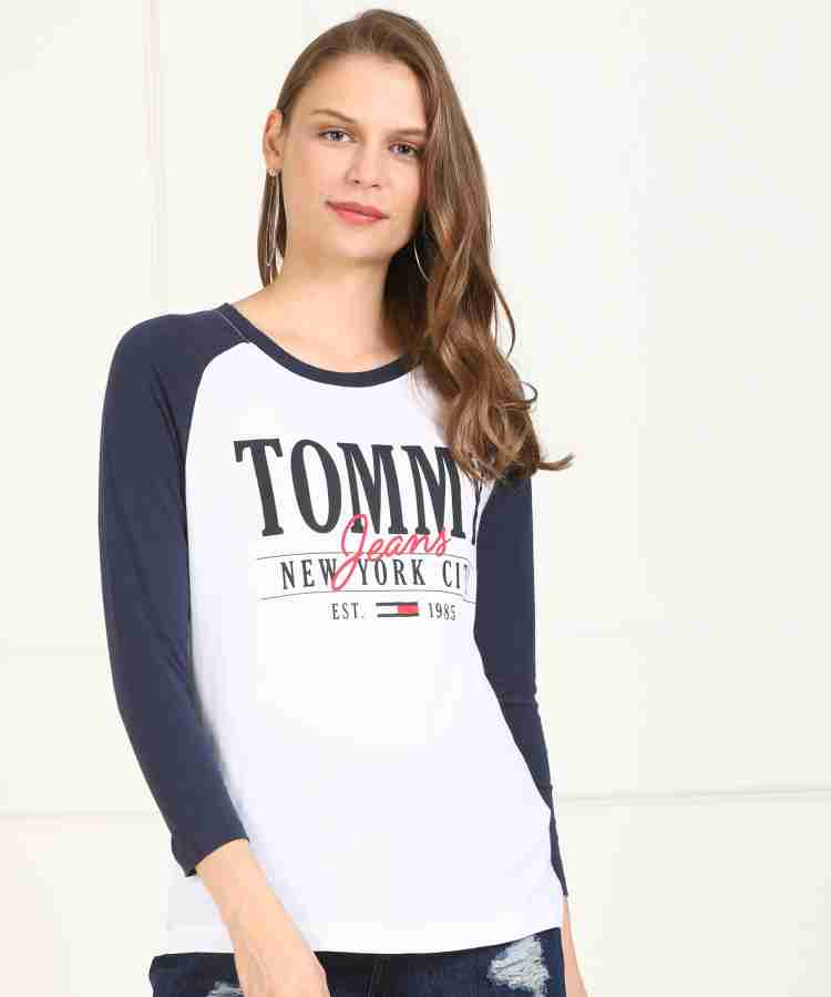 TOMMY HILFIGER Printed Women Round Neck Dark Blue, White T-Shirt