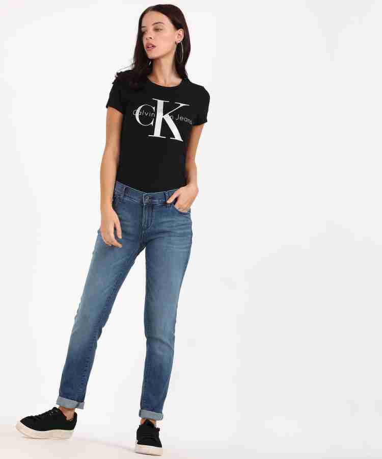 Calvin Klein Jeans Printed Women Round Neck Black T-Shirt - Buy