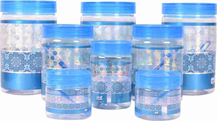 Ski Plastoware Grace 18 Pcs Set Air Tight Pet Container - Blue - 2000 Ml, 1100 Ml, 500 Ml, 250 Ml Plastic Grocery Container