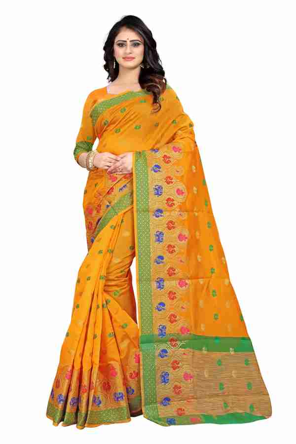 Buy SHOBHA SAREE Woven Embellished Kanjivaram Cotton Silk Yellow