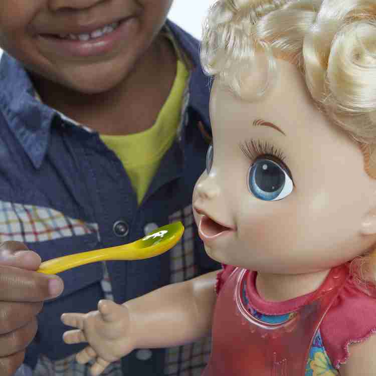 Baby Alive Happy Hungry Baby Blond Curly Hair Doll Eats Poops Drinks Wets