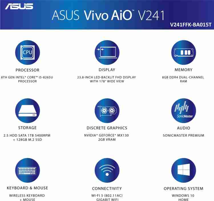 ASUS Vivo AIO Core i5 (8th Gen) (8 GB DDR4/1 TB/128 GB SSD/Windows 10  Home/2 GB/23.8 Inch Screen/V241FFK-BA015T) - ASUS : Flipkart.com