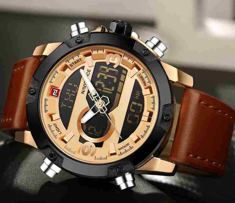 NAVIFORCE Chronograph Leather Band Wristwatch for Men 9097 Brown Golden Analog Digital Watch For Men Buy NAVIFORCE Chronograph Leather Band Wristwatch for Men 9097 Brown Golden Analog Digital Watch