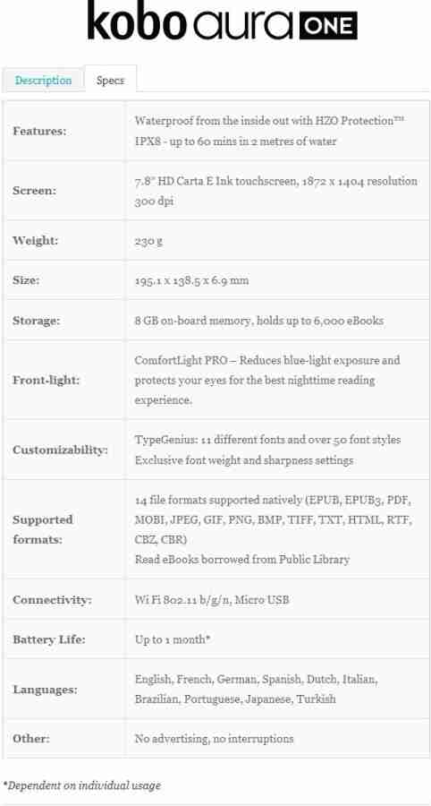 KOBO Aura One eReader (7.8 Carta HD Display, 300 ppi 1872x1404 Resolution,  Waterproof, With ComfortLight PRO, 8GB storage) eBook Reader / Eink Tablet  / E-reader Price in India - Buy KOBO Aura