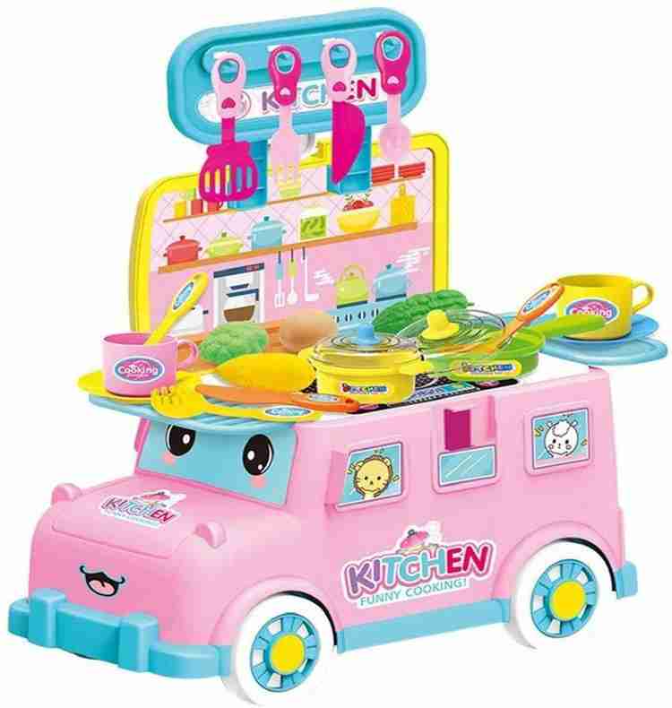 Joy Stories 2 in 1 Kitchen Set in Toy Vehicle for Kids Pretend Play Kitchen Cooking Playset DIY Portable Mini Bus Kitchen Cart 18 PCS Kitchen Car 2 in 1