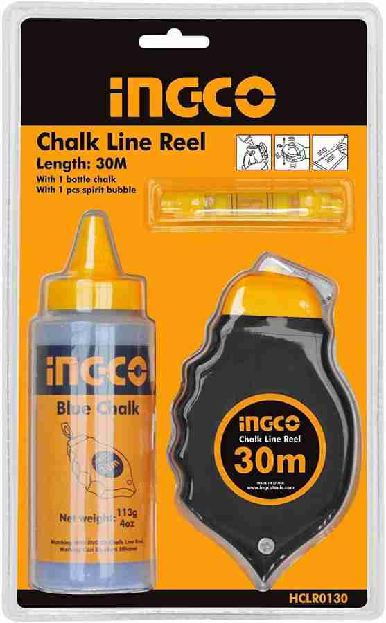 INGCO Industrial Chalk Line Reel Set 30Metre with 113G Blue Bottle Chalk  and Plastic Spirit Bubble Industrial Chalk Line Reel Set 30Metre with 113G  Blue Bottle Chalk and Plastic Spirit Bubble Non-magnetic