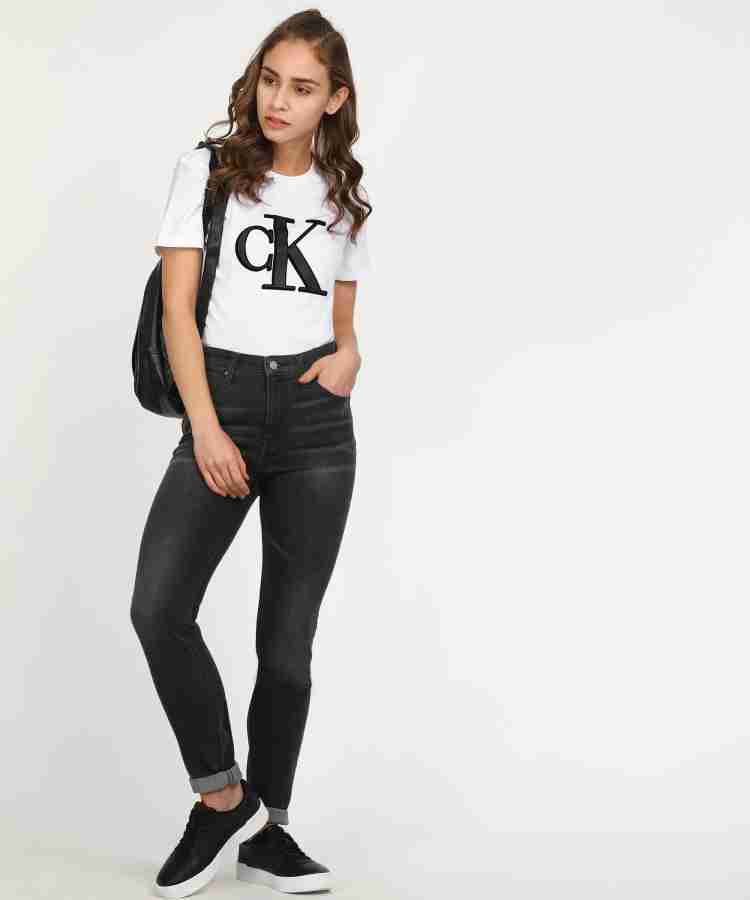 Calvin Klein Jeans Printed Women Round Neck White T-Shirt - Buy