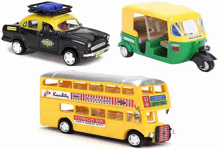 Joy Stories Pull Back Toys for Kids Car Play Set of CNG Auto Rickshaw Taxi Double Decker Bus Set of 3