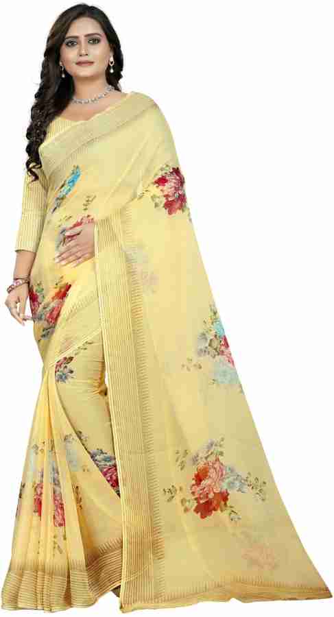 Buy Jaanvi Fashion Floral Print Bollywood Chiffon Yellow Sarees Online @  Best Price In India