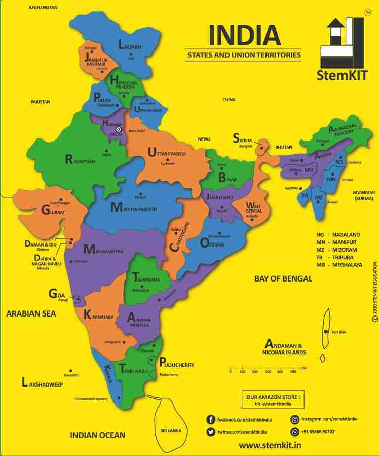 India Political Map With States Capitals And Union