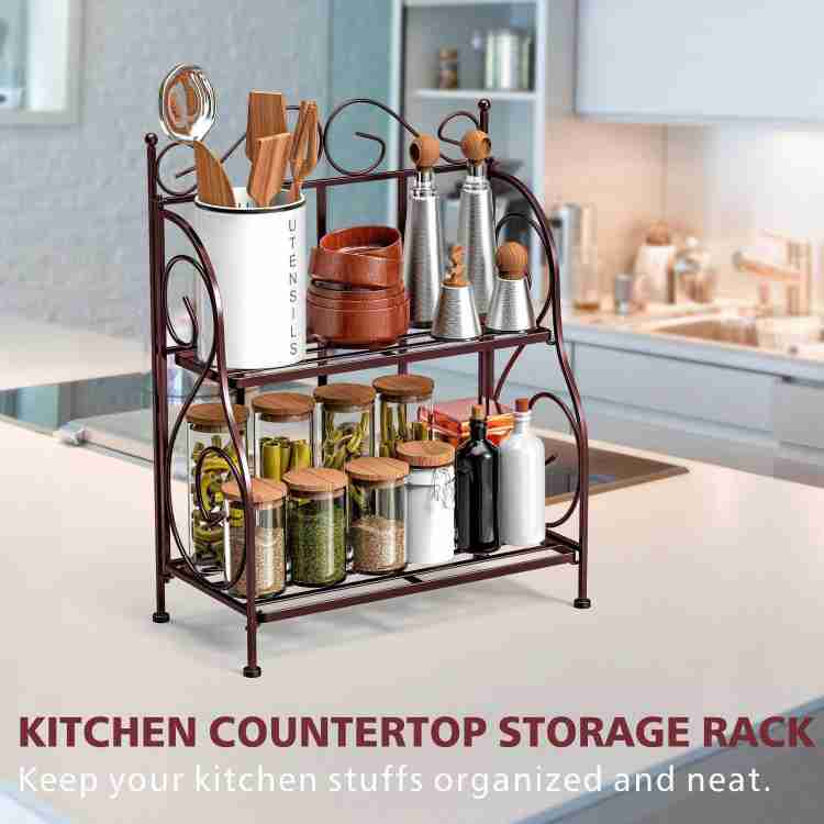 WOOD EMPORIUM Containers Kitchen Rack Iron 2 Tier Foldable Wrought and Cast Iron Spice Shelf Rack For Kitchen Bathroom Countertop Storage Organizer brown Utensil Kitchen Rack Iron Price in India Buy W...