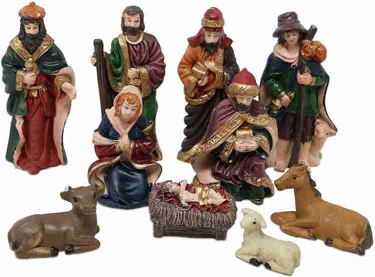 La Reina 10 Pieces Resin with Marble Power Christmas Nativity Crib Set Kudil Set Decoration with Baby Jesus Mother Mary Saint Joseph 3 Kings Shepherd Cow Sheep Donkey Separate Pieces 9 cm Pack of 10 P...
