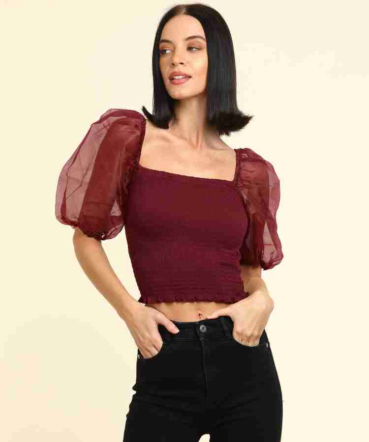 FOREVER 21 Casual Balloon Sleeve Self Design Women Maroon Top