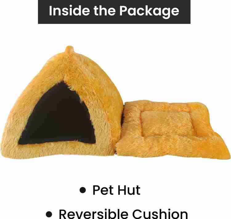Hiputee Tent Golden Faux Fur Soft Hut Bed for Toy Dogs and Cats L