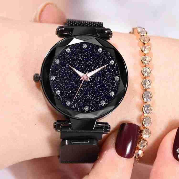 Acnos Fancy Bracelet Black Women Watches Ladies Wristwatch for Girls Analog Fashion Female Clock Gift Starry Sky Magnetic Watch with Magnet Mash Strap Stylish Girls Watch for Women 12 diamond Analog W...