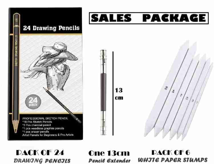 Definite Graphite Sketch Drawing Pencils- 14B, 12B, 10B, 8B, 7B, 6B, 5B,  4B, 3B, 2B, B, H, HB, 2H, 3H, 4H, 5H, 6H and 7H (19 Pencils); Charcoal