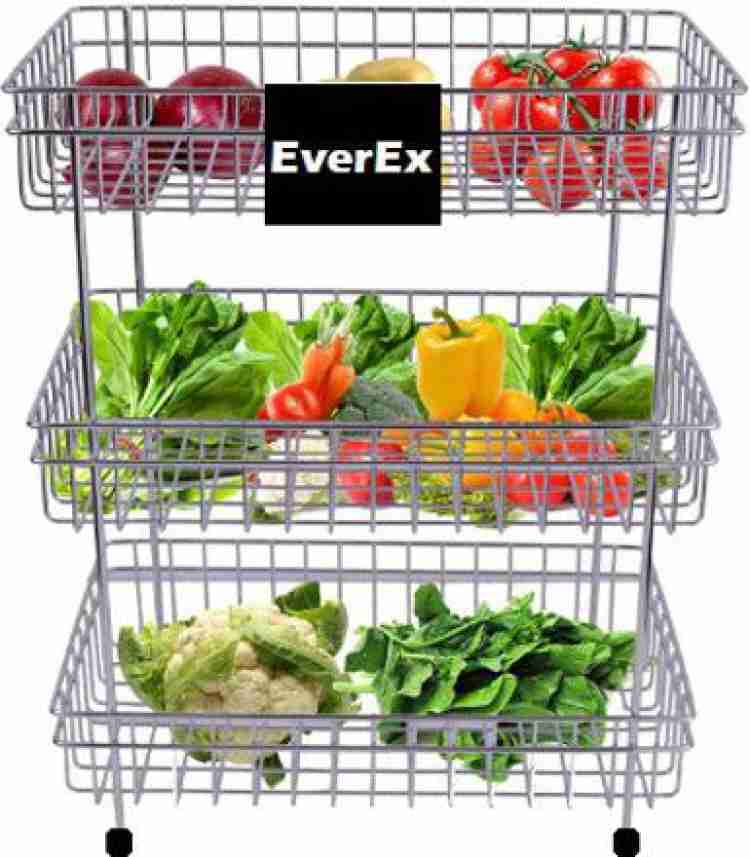 EverEx Containers Kitchen Rack Steel T3 Stainless Steel Spice 3 Tier Layer Fruits Vegetable Onion utensils Trolley trolly Organizer Organiser Basket for Home Multipurpose Kitchen Storage Shelf contain...