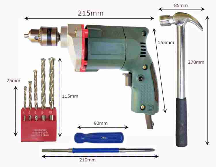 Inditrust Heavy duty 10mm Electric Drill Machine 350 W with Claw Hammer  2in1 Screwdriver and 5pc Masonry drill bit (Pack of 4 set) Power & Hand  Tool Kit Price in India 