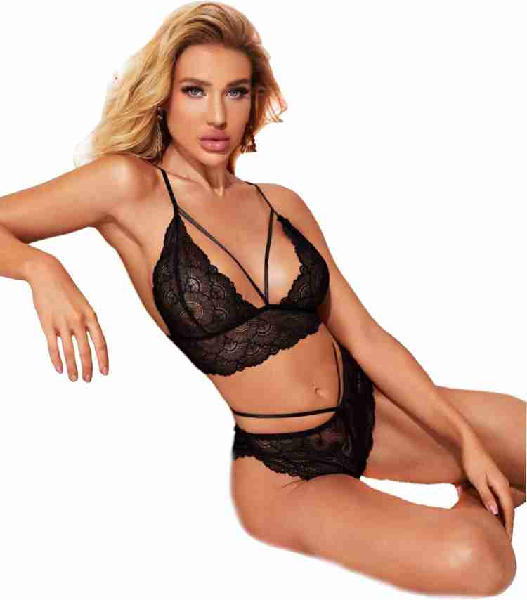 Buy Newba Bra & Panty Set Self Design Lingerie Set (Black) at