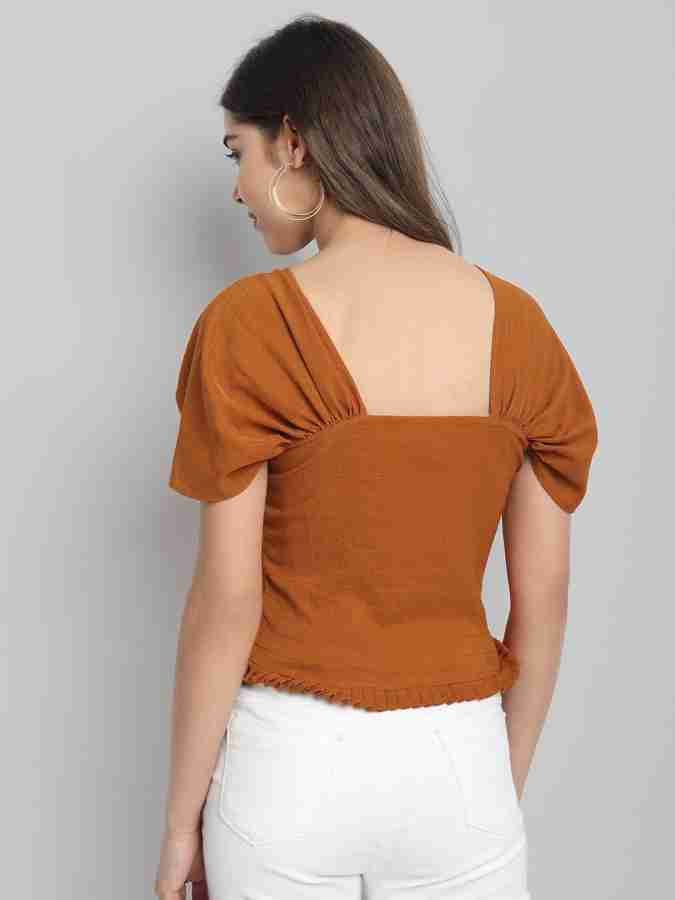 Taavi - By Myntra Women Short Sleeve Brown & Multicoloured Ready To Wear  Tribal Print Blouson Viscose Rayon Casual Shirt Collar Crop Top