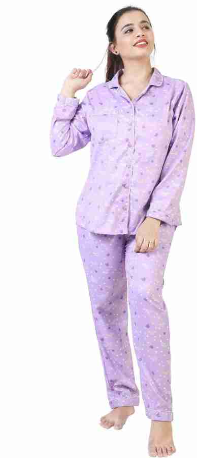 the comfy story Women Printed Purple Shirt & Pyjama set Price in