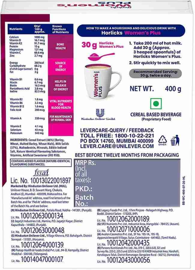 Horlicks Women's Plus Caramel Refill 400g  Health Drink for Women, No  Added Sugar & Horlicks Classic Malt Standard 400/450gm Pouch (weight may  vary) COMBO : : Health & Personal Care