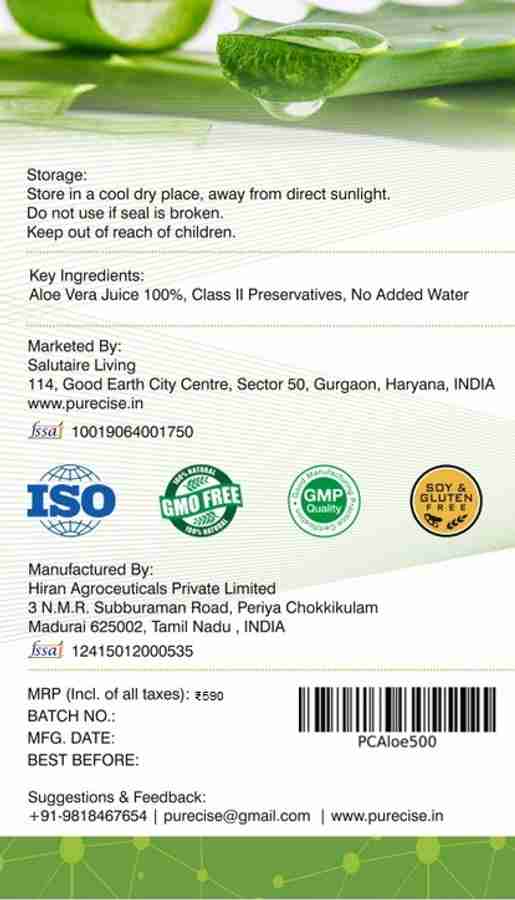 Purecise Aloe Pure 100 Aloe Vera Extract Juice 500 ml Price in India Buy Purecise Aloe Pure 100 Aloe Vera Extract Juice 500 ml online at Flipkart