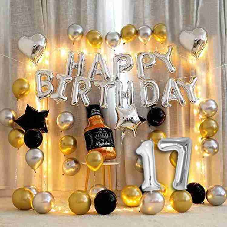 MODO Happy 17th Birthday Decorations Kit Gold Black Silver