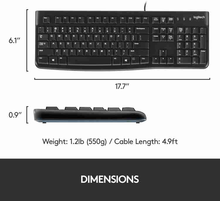Logitech K120 Full Size Spill Resistant Curved Space Bar Wired