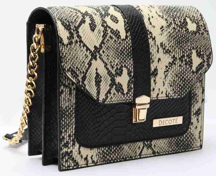 Decote Black White Sling Bag Black Snake Print handbag Black Off white Price in India Flipkart