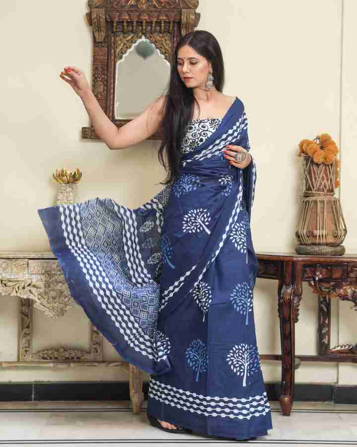 Buy Jalther Printed Hand Batik Pure Cotton Dark Blue Sarees Online @ Best  Price In India