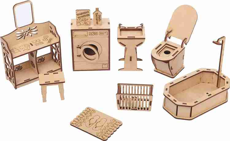 Webby DIY Wooden Doll Bathroom with Furniture Dollhouse Kit for