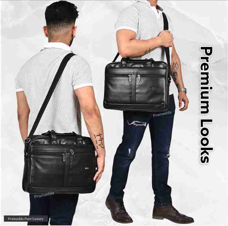 Pramadda Pure Luxury Vegan Faux Leather Messenger Bags for Men Women office messenger bags men leather laptop file bag laptop bag 15.6 inch with
