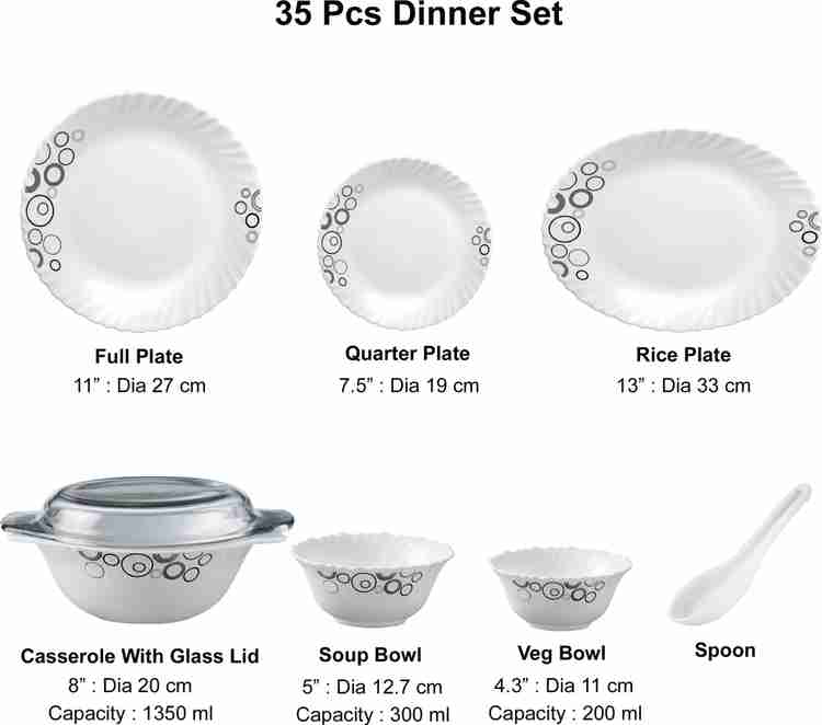LAOPALA Pack of 35 Opalware Diva Classique MD Full plate 11 6 pcs Quarter plate 7.5 6 pcs Oval platter13 1 Pcs Casserole with Glass Lid 2 Pcs Veg bowl 6