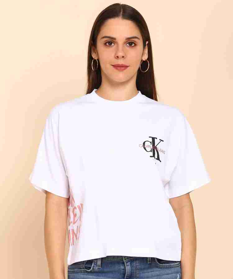 Calvin Klein Jeans Printed Women Round Neck White T-Shirt - Buy