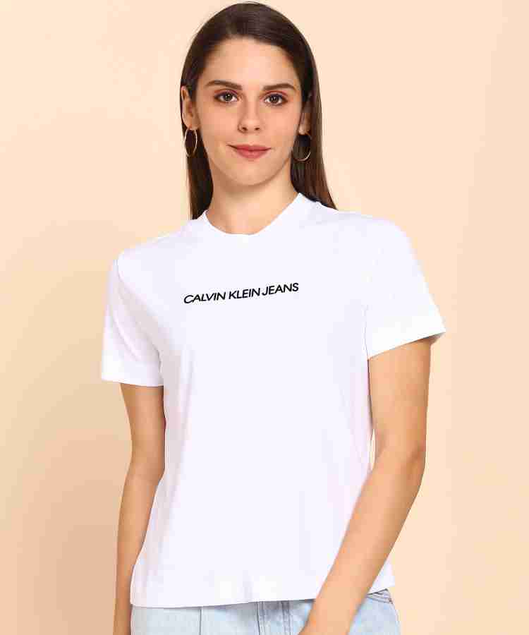 Calvin Klein Jeans Printed Women Round Neck White T-Shirt - Buy