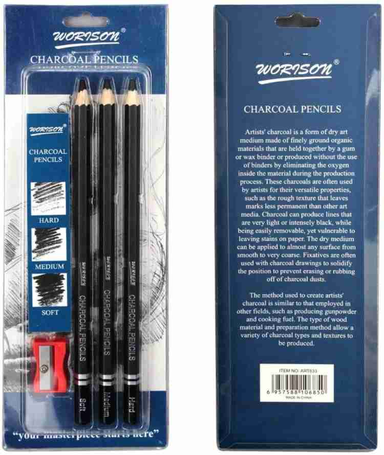 CHROME Charcoal Pencils 3 Grades of Charcoal Including  Sharpener Soft, Medium and Hard Pencil - Drawing Pencil