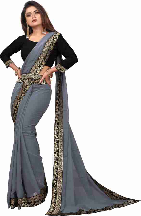 Stylish bollywood solid plain saree grey