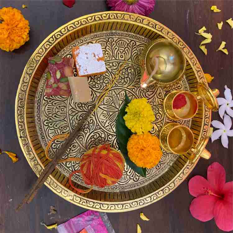 Decorative Pooja Thali Set Brass Decor Mandir Ethnic Puja Items Bhog Plate  for Indian Festivals Diwali Navratri Ganesh Chaturthi Teej Sri Laxmi Durga