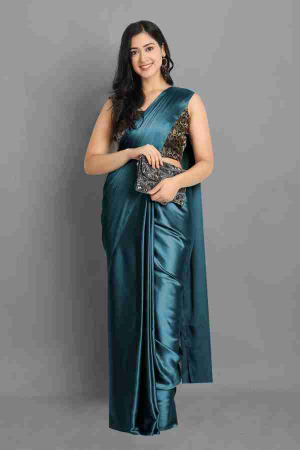 Buy KREZVI Solid/Plain Bollywood Silk Blend, Satin Blue Sarees Online @ Best  Price In India