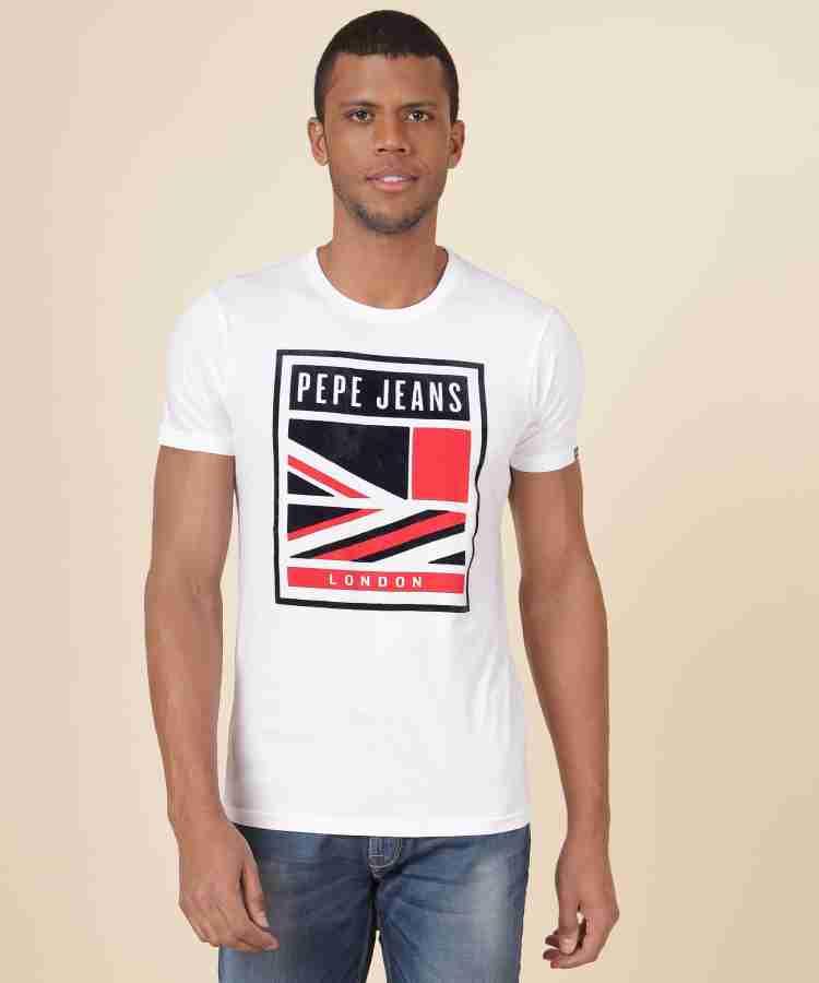 at White in Pepe Printed Printed Prices - Pepe Jeans Online Neck T-Shirt Jeans Buy India Neck T-Shirt Men Round Best Men Round White