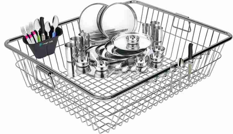 SMART SLIDE Utensil Kitchen Rack Steel High Grade Stainless Steel Dish Drainer Utensil Drainer Kitchen Rack Bartan Basket Utensil Drying Rack Kuda Basket Kitchen Stand 15 x
