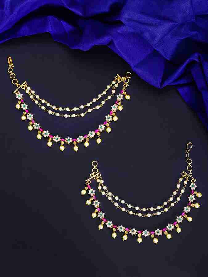 YELLOW CHIMES Classic AD American Diamond Studded Floral Design Gold Plated Multi Layer Beads Ear Hair Chain Bridal Champasaralu for Women and Girls Hair Chain Price in India Buy YELLOW CHIMES Classic