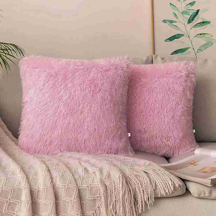 Wondershala Pink fur cushions with Zipper 40 x 40 cm Microfibre Solid Geometric Cushion Pack of 2