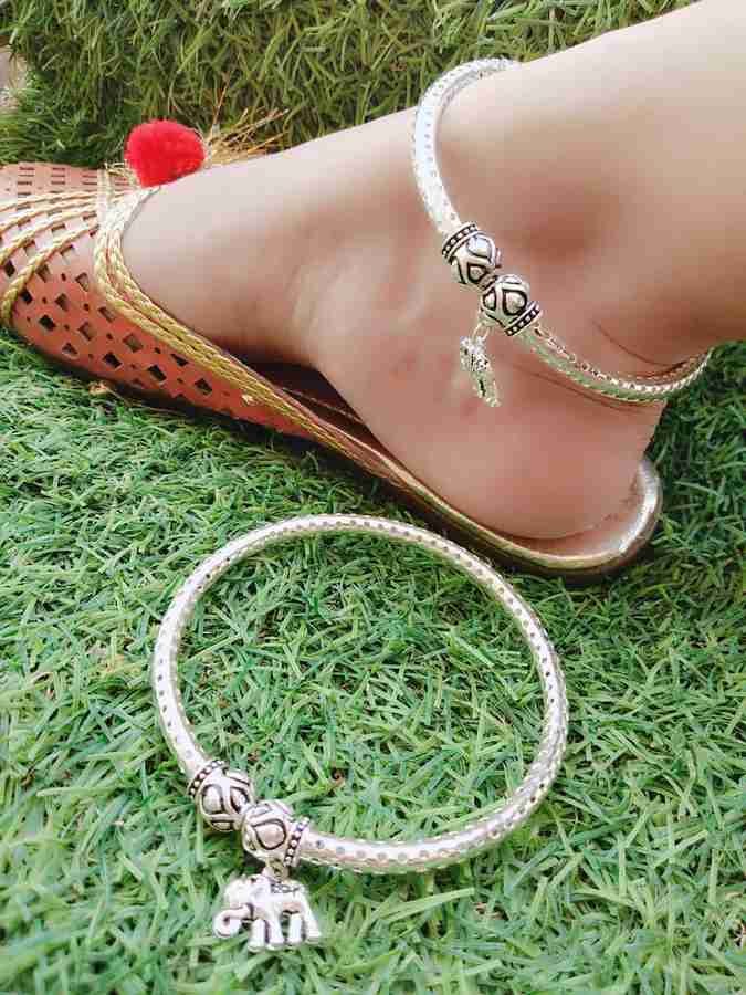 OYZEKX Oxidised German Silver Metal Kada Anklet for Women s